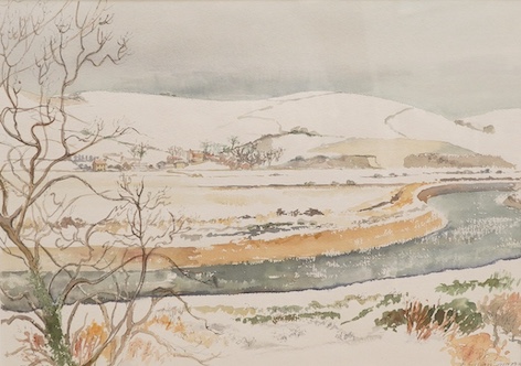 Gillian Simmonds, watercolour, ‘Snow across the river’, signed, 38 x 53cm. Condition - good